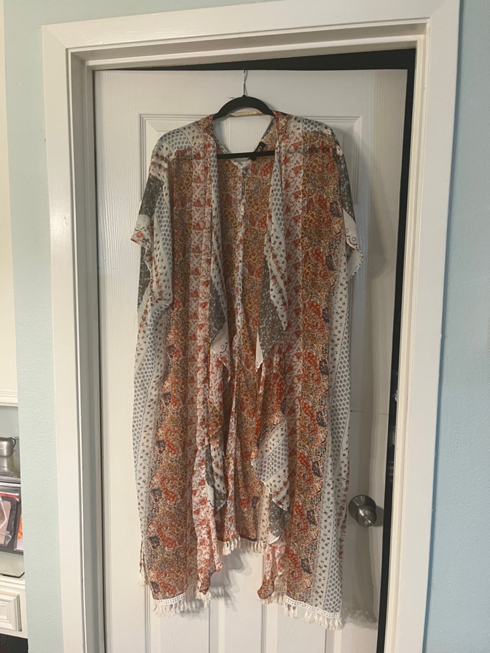 Bohemian Floral Fringe Open Kimono - Rust & Cream